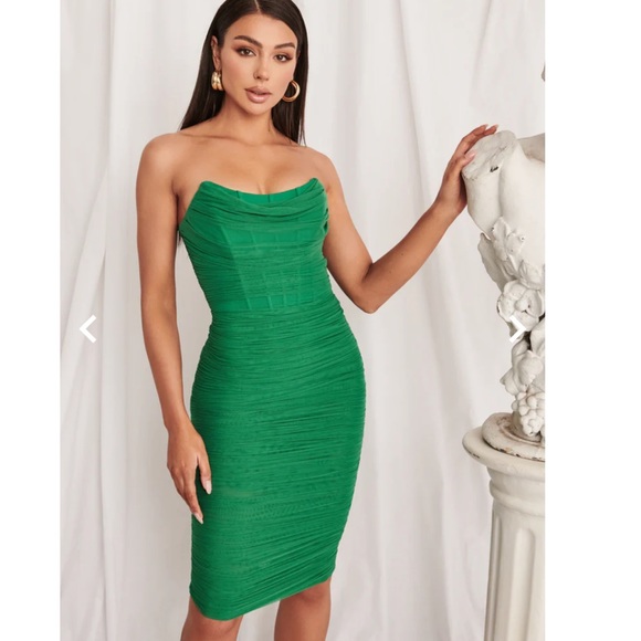 NEW SEASON Lavish Alice ruched corset mesh midi dress in spring green - Picture 1 of 8